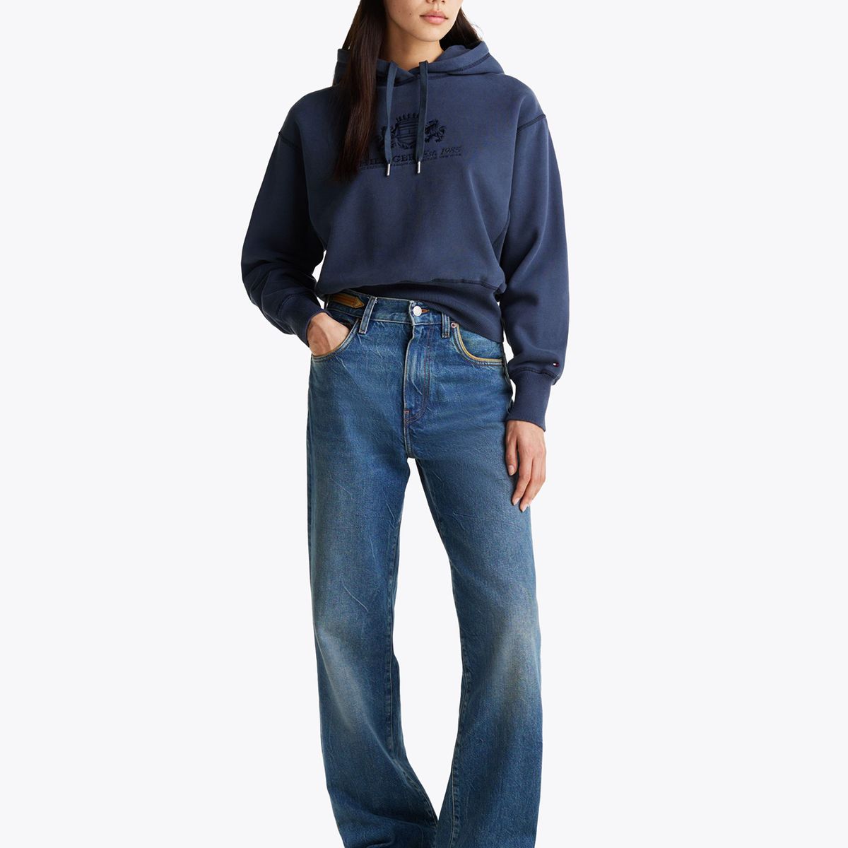 TOMMY HILFIGER - Polerón Hoodie Logo Varsity Bordado Azul Tommy Hilfiger