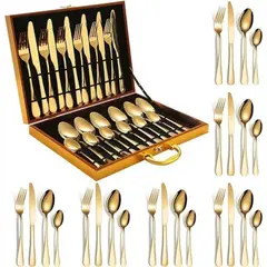 ANGELES DEL HOGAR - LUJOSO JUEGO CUBIERTOS ACERO INOX DORADOS 24 PIEZAS