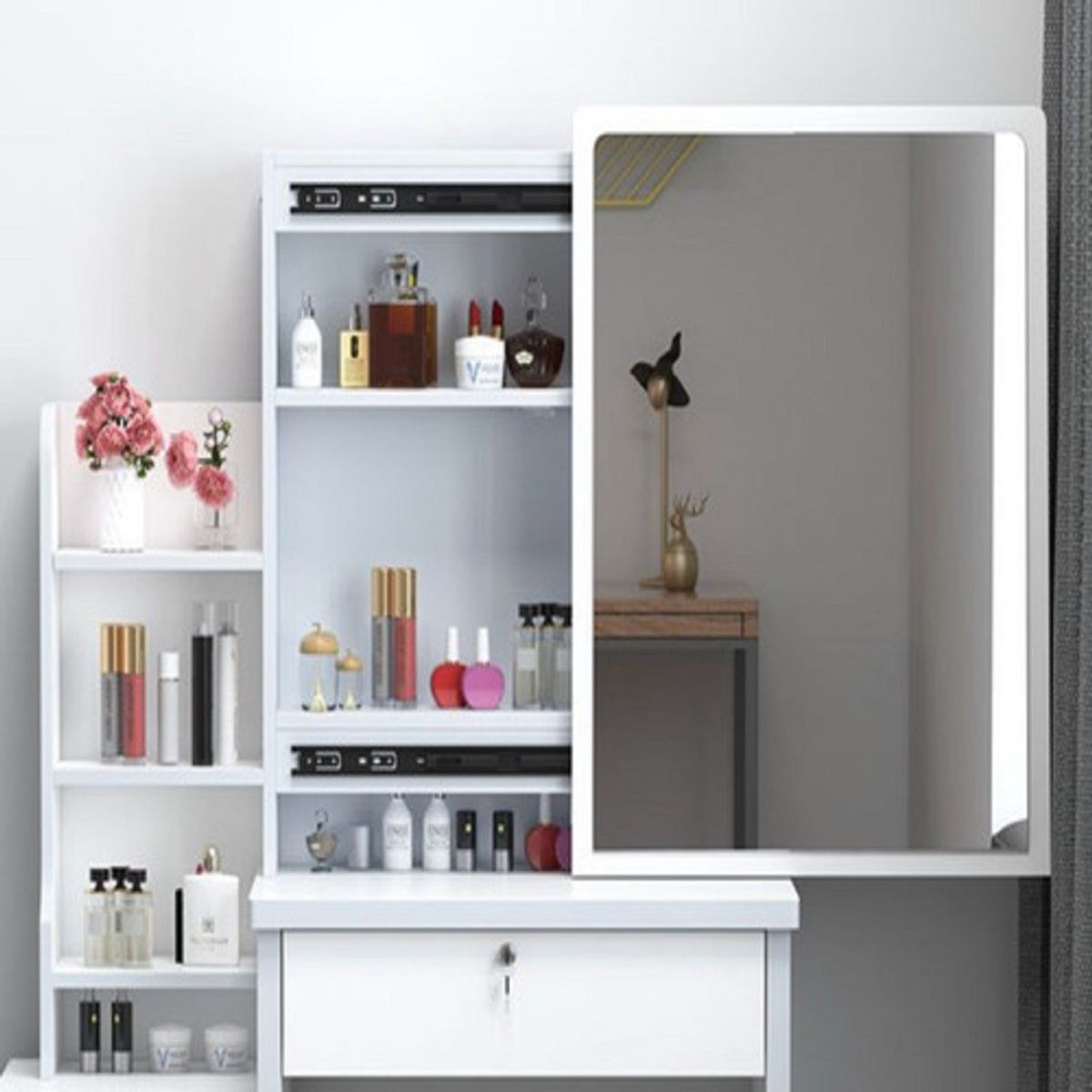 MUNDO MAGIA - Tocador Madera Con Espejo Movible 100x40x131cm Con Taburete