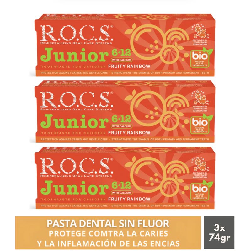 ROCS - Pack 3 Pasta Dental Rocs Junior Fruity Rainbow 74g Sin Fluor