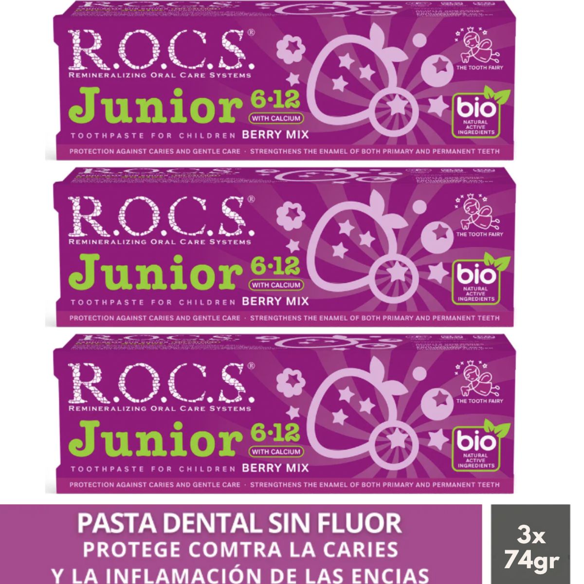 ROCS - Pack 3 Pasta Dental Rocs Junior Berry Mix 74g Sin Fluor