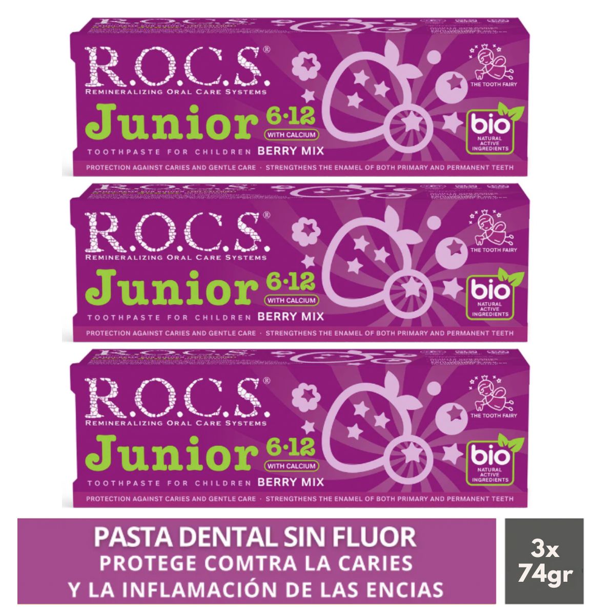 ROCS - Pack 3 Pasta Dental Rocs Junior Berry Mix 74g Sin Fluor