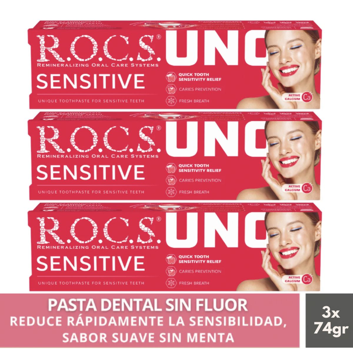 ROCS - Pack 3 Pasta Dental Sin Menta Rocs Uno Sensitive 74g Sin Fluor
