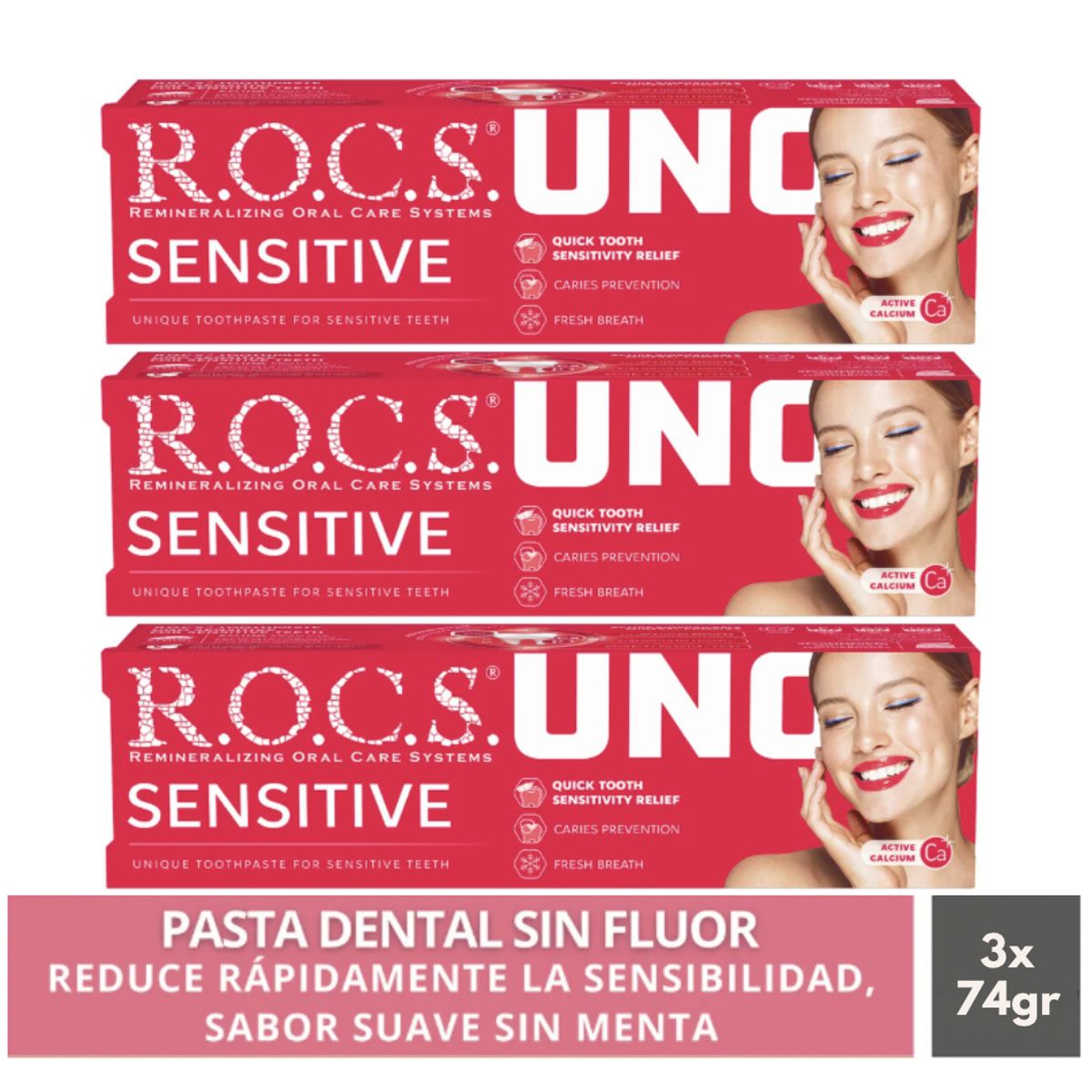 ROCS - Pack 3 Pasta Dental Sin Menta Rocs Uno Sensitive 74g Sin Fluor