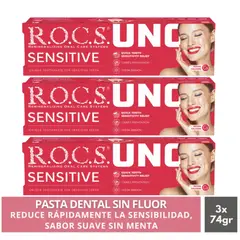 ROCS - Pack 3 Pasta Dental Sin Menta Uno Sensitive 74g Sin Fluor