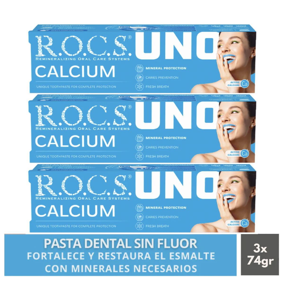 ROCS - Pack 3 Pasta Dental Anti Caries Rocs Uno Calcium 74g Sin Fluor