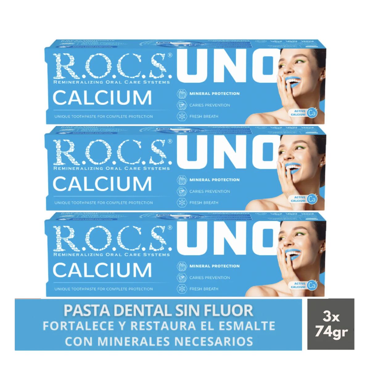 ROCS - Pack 3 Pasta Dental Anti Caries Rocs Uno Calcium 74g Sin Fluor