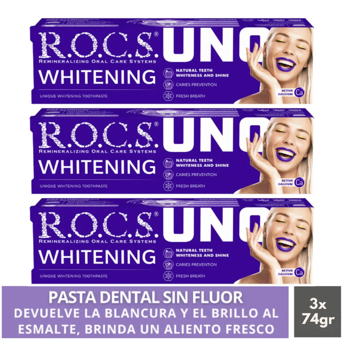 ROCS - Pack 3 Pasta Dental Blanqueadora Rocs Uno Whitening 74g Sin Fluor