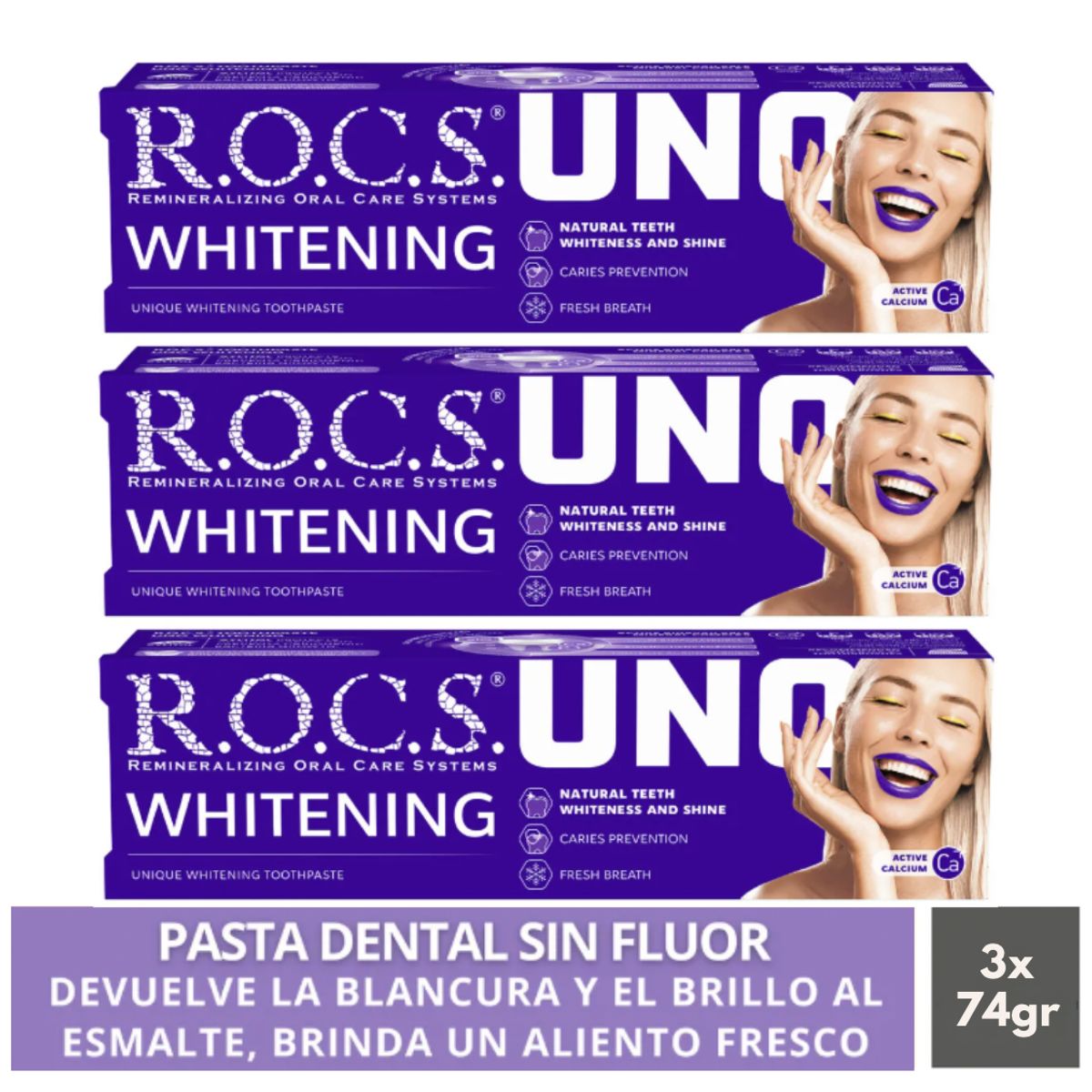 ROCS - Pack 3 Pasta Dental Blanqueadora Rocs Uno Whitening 74g Sin Fluor