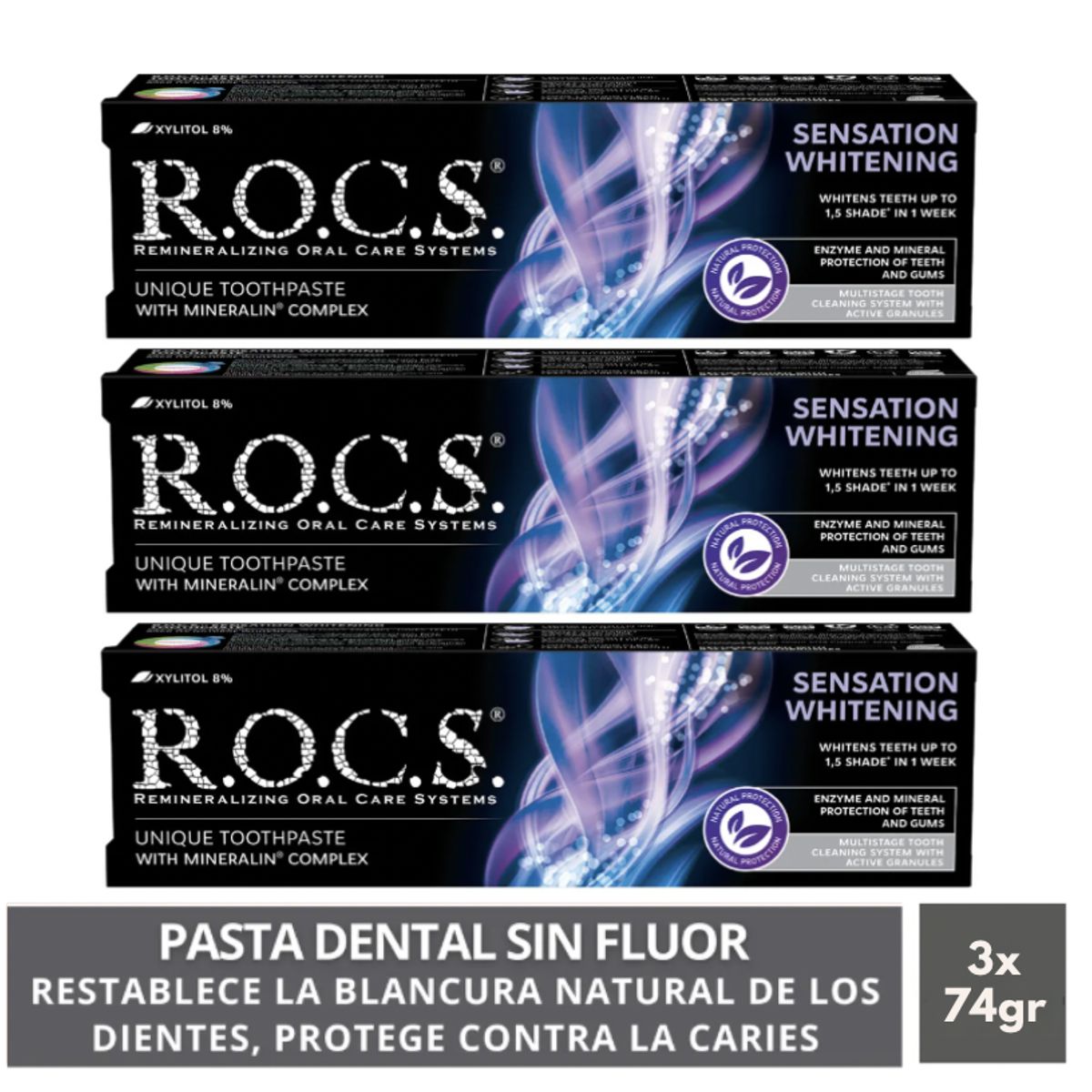 ROCS - Pack 3 Pasta Dental Blanqueadora Rocs Sensation Whitening.  Sin Fluor 74g