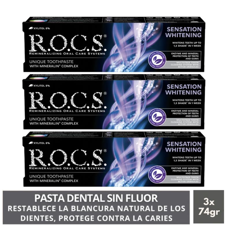 ROCS - Pack 3 Pasta Dental Blanqueadora Rocs Sensation Whitening.  Sin Fluor 74g