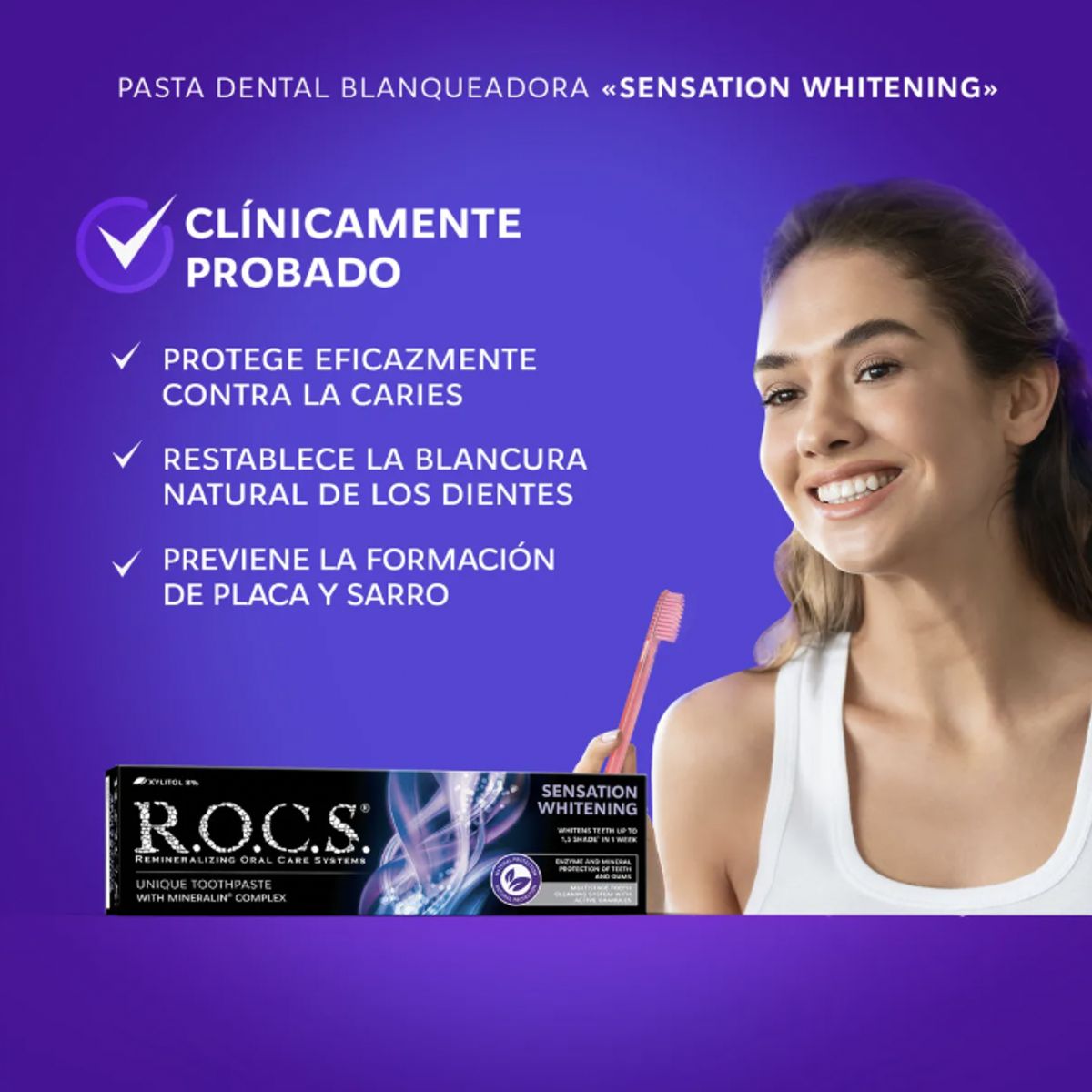 ROCS - Pack 3 Pasta Dental Blanqueadora Rocs Sensation Whitening.  Sin Fluor 74g