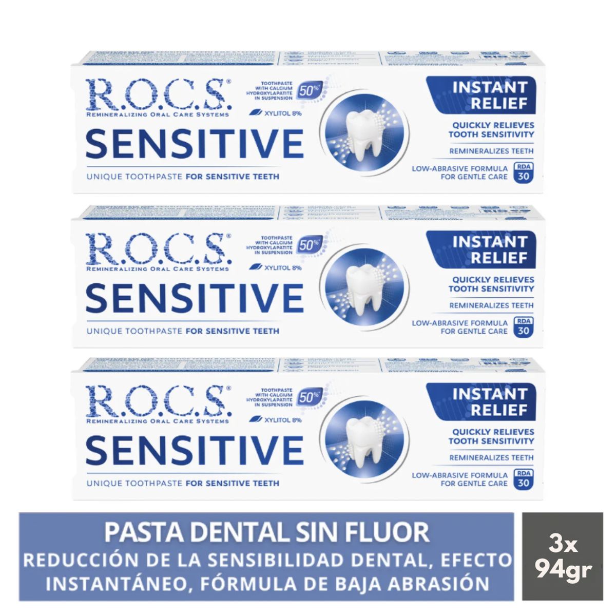 ROCS - Pack 3 Pasta Dental Rocs Sensitive Efecto Instantáneo 94g Sin Fluor