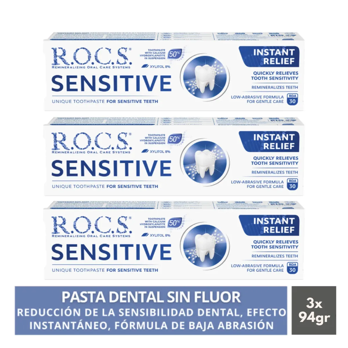 ROCS - Pack 3 Pasta Dental Rocs Sensitive Efecto Instantáneo 94g Sin Fluor