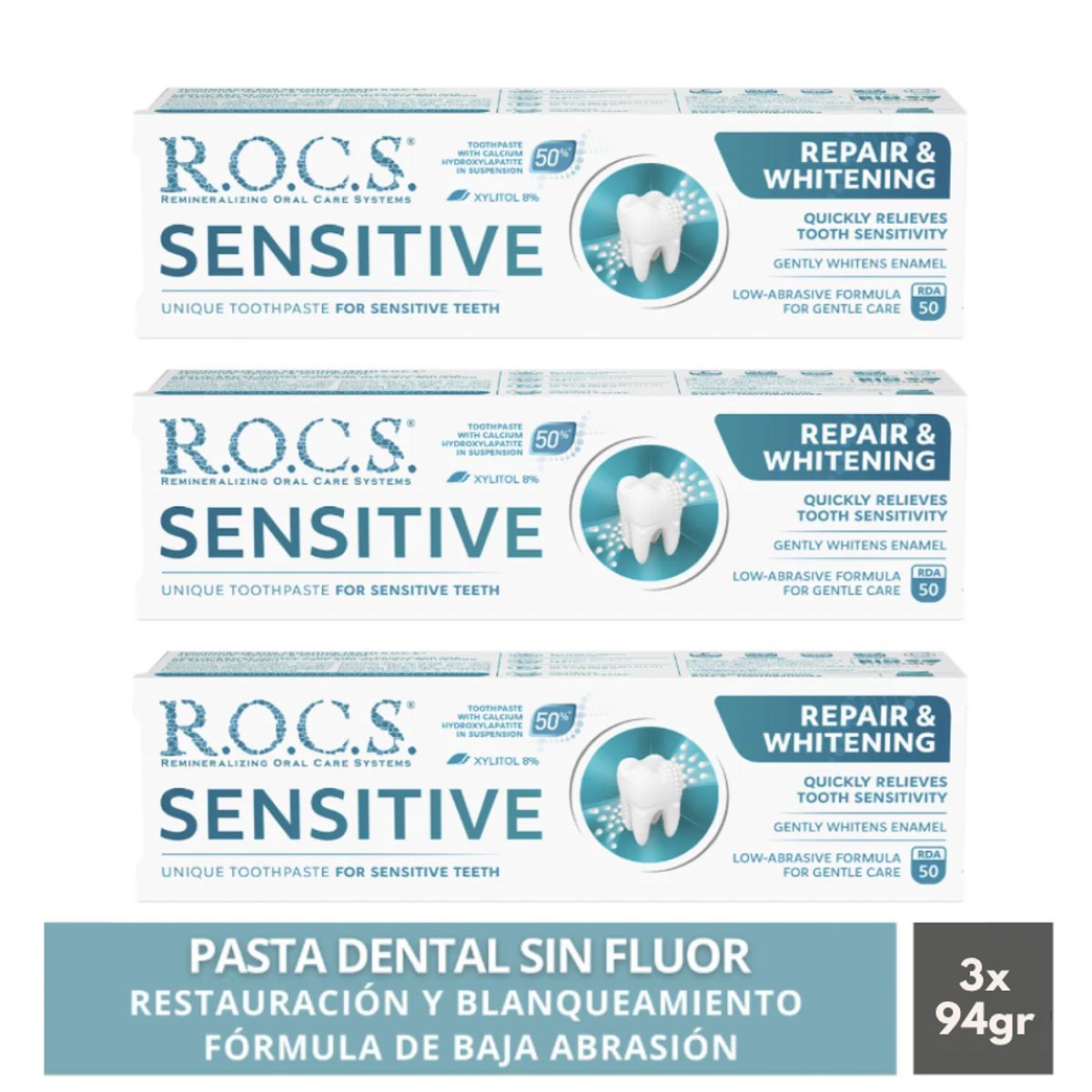 ROCS - Pack3 Pasta Dental Blanqueadora Rocs Sensitive 94g Sin Fluor