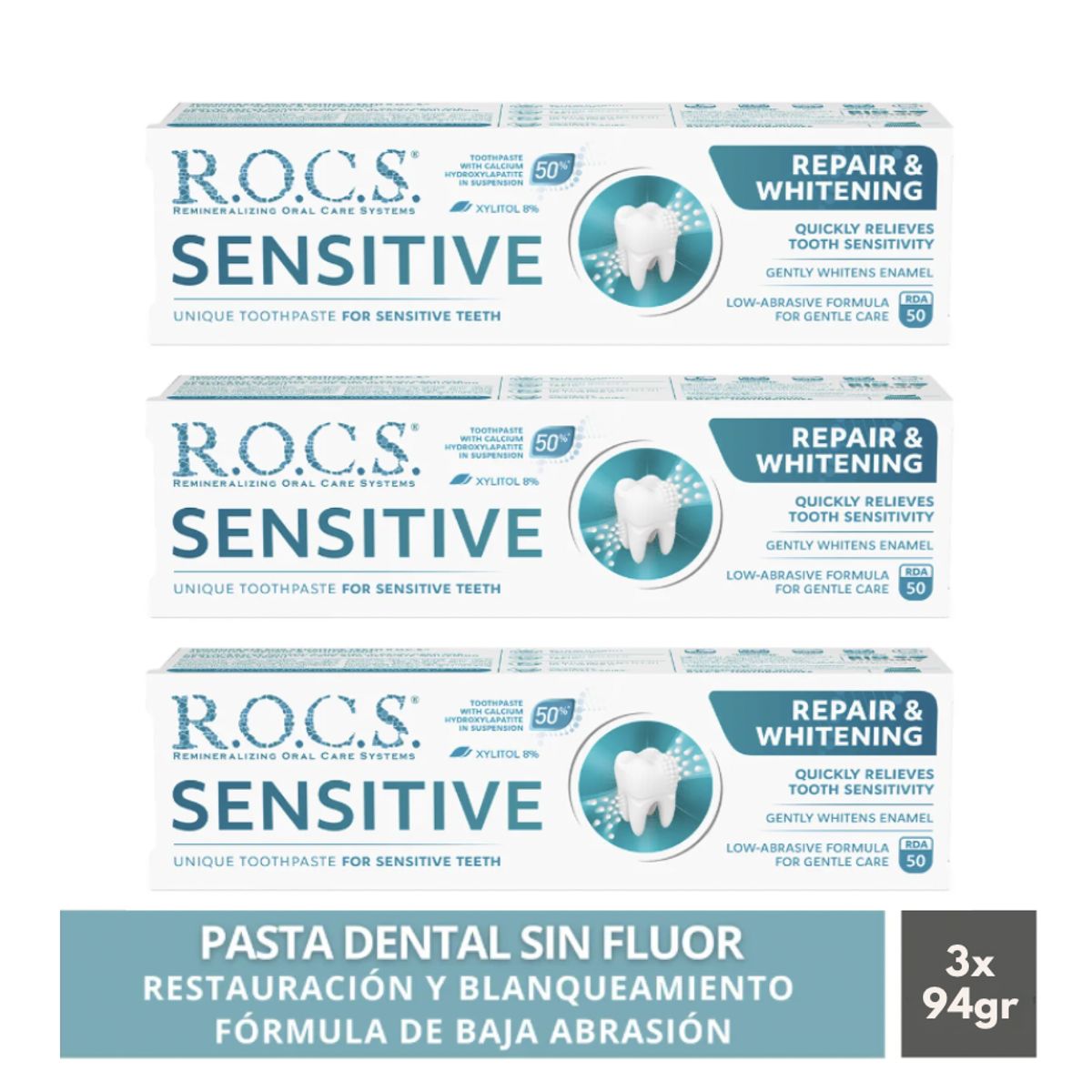 ROCS - Pack3 Pasta Dental Blanqueadora Rocs Sensitive 94g Sin Fluor