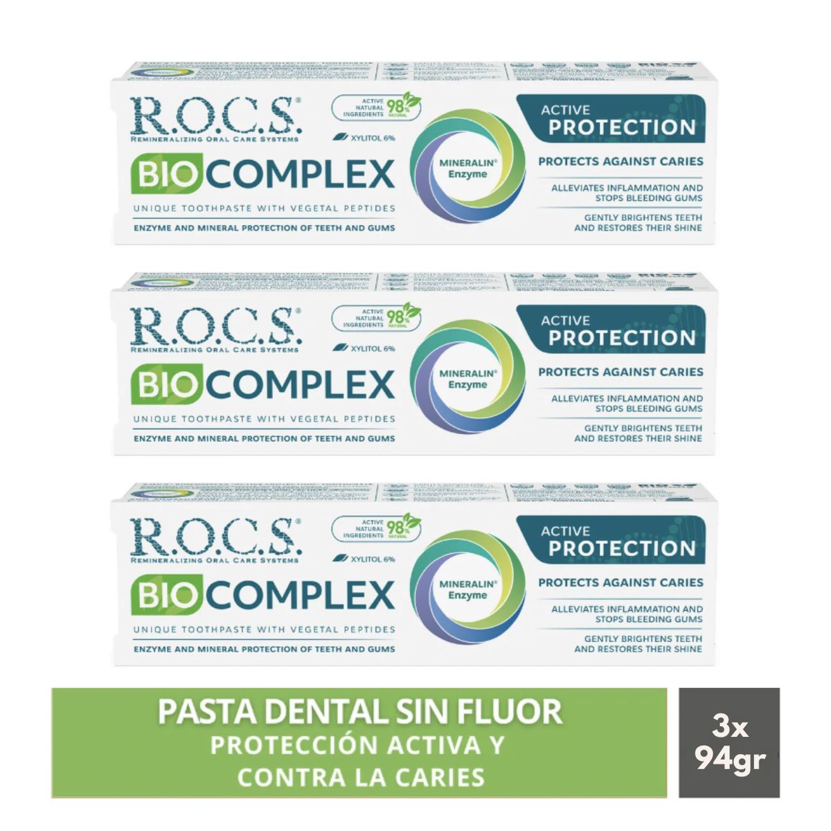 ROCS - Pack 3 Pasta Dental Sin Fluor Rocs Biocomplex 94g Protección Activa
