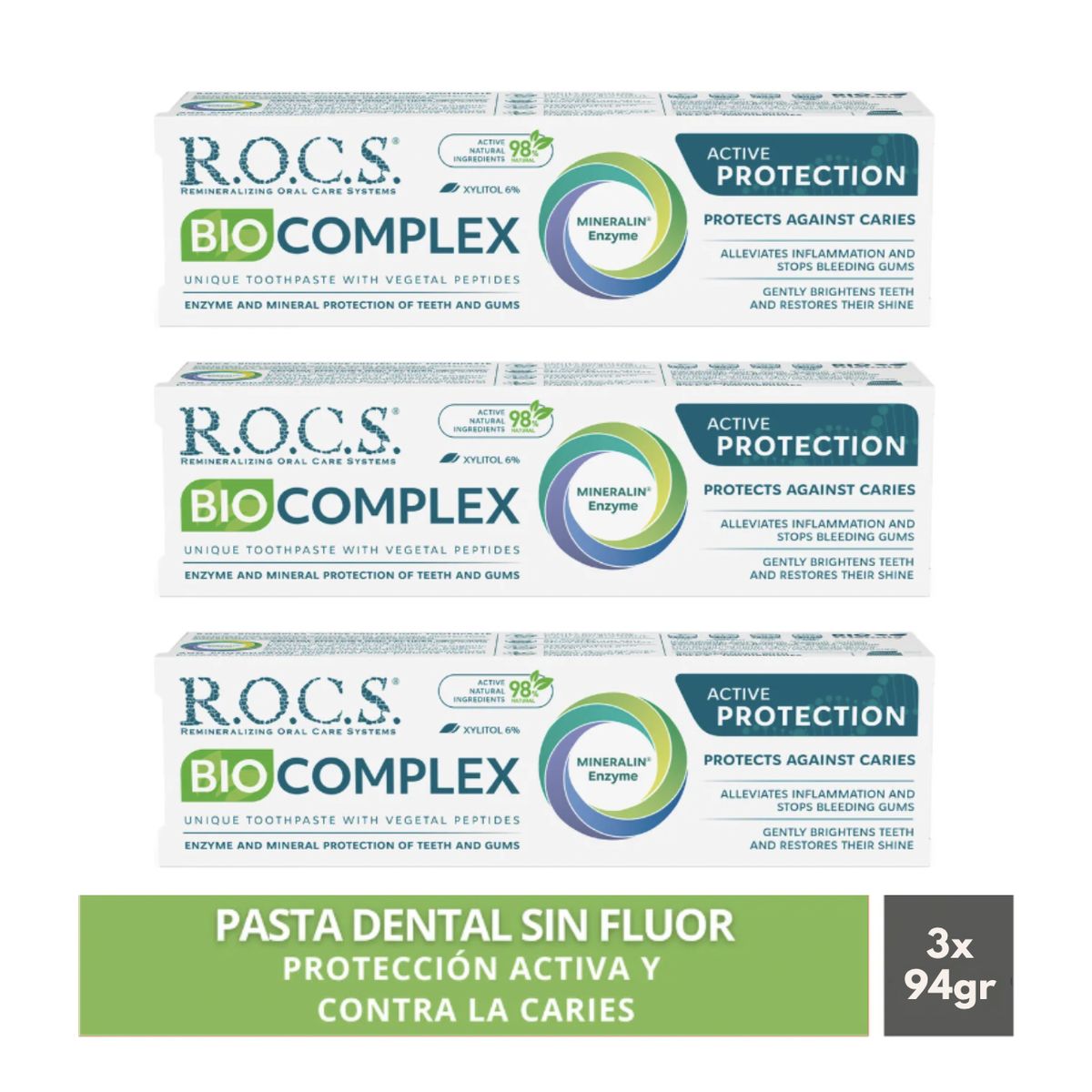 ROCS - Pack 3 Pasta Dental Sin Fluor Rocs Biocomplex 94g Protección Activa