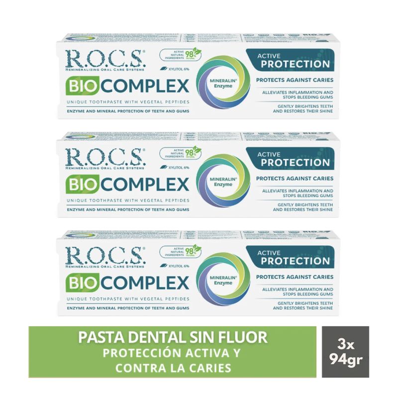ROCS - Pack 3 Pasta Dental Sin Fluor Rocs Biocomplex 94g Protección Activa