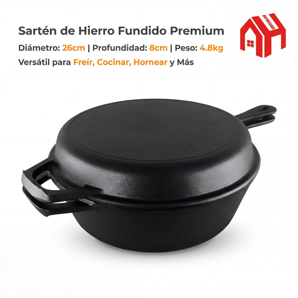 U BUY - Cacerola + Sartén Hierro Fundido - Dutch Oven 26cmx12 Negro