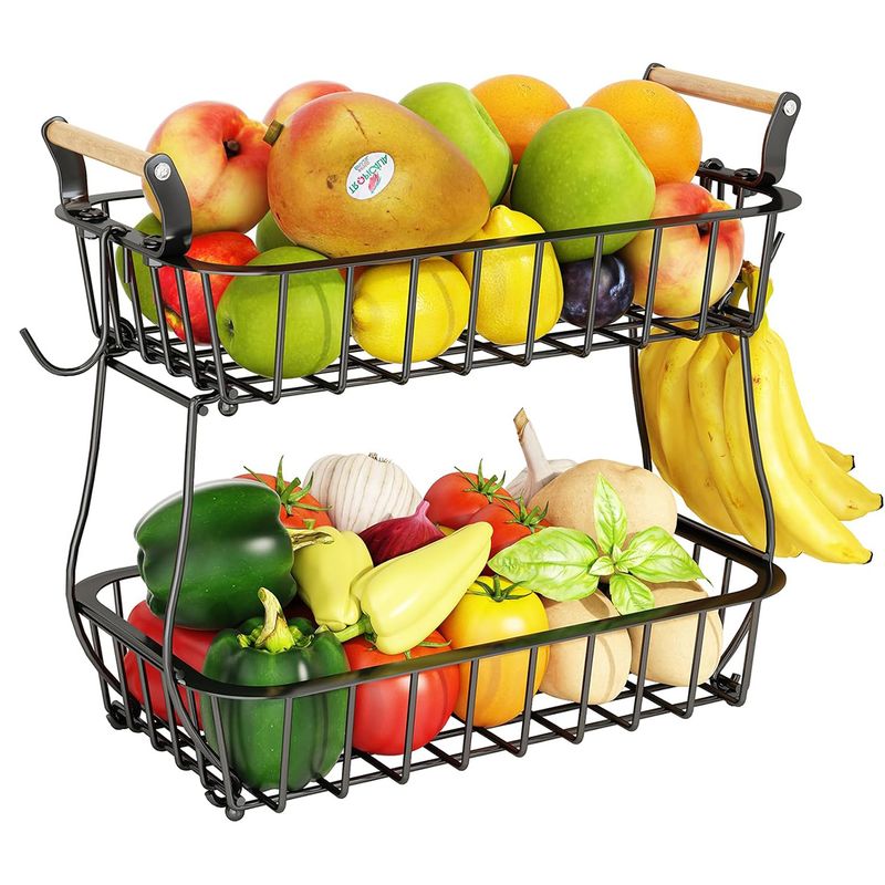 GENERICO - Frutero Organizador Canasta De Metal 2 Niveles Y Ganchos