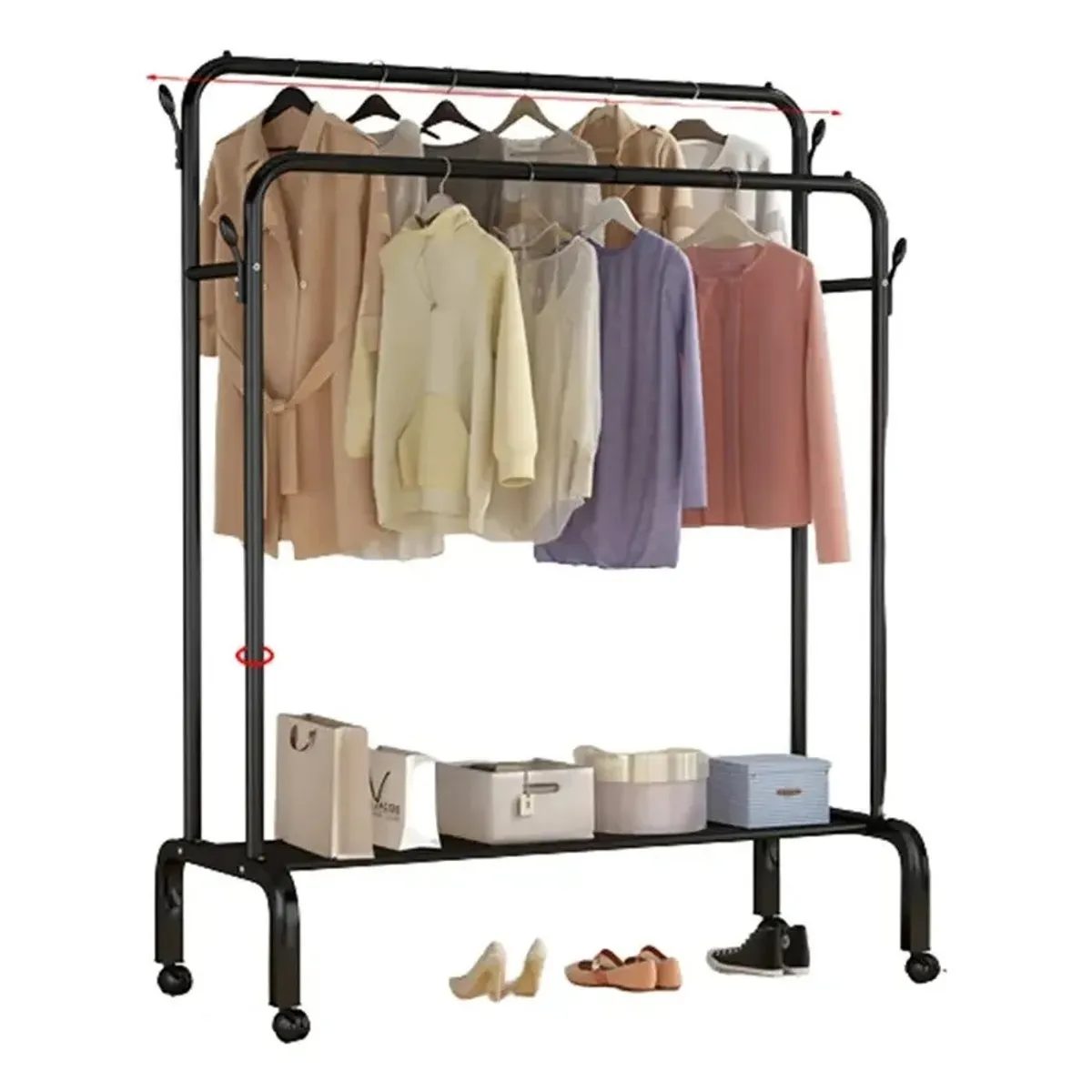 GENERICO - Perchero Metálico Doble Barra Con Estante Organizador Ruedas