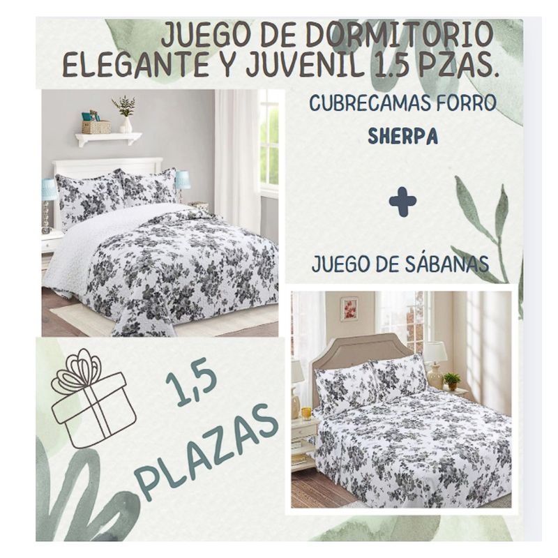 COMPRAPO - Juego Dormitorio Cubrecama Quilt Sherpa + Sábanas 1.5 Plazas Flower Gray