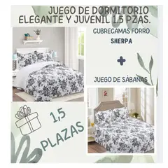 COMPRAPO - Juego Dormitorio Cubrecama Quilt Sherpa + Sábanas 1.5 Plazas Flower Gray