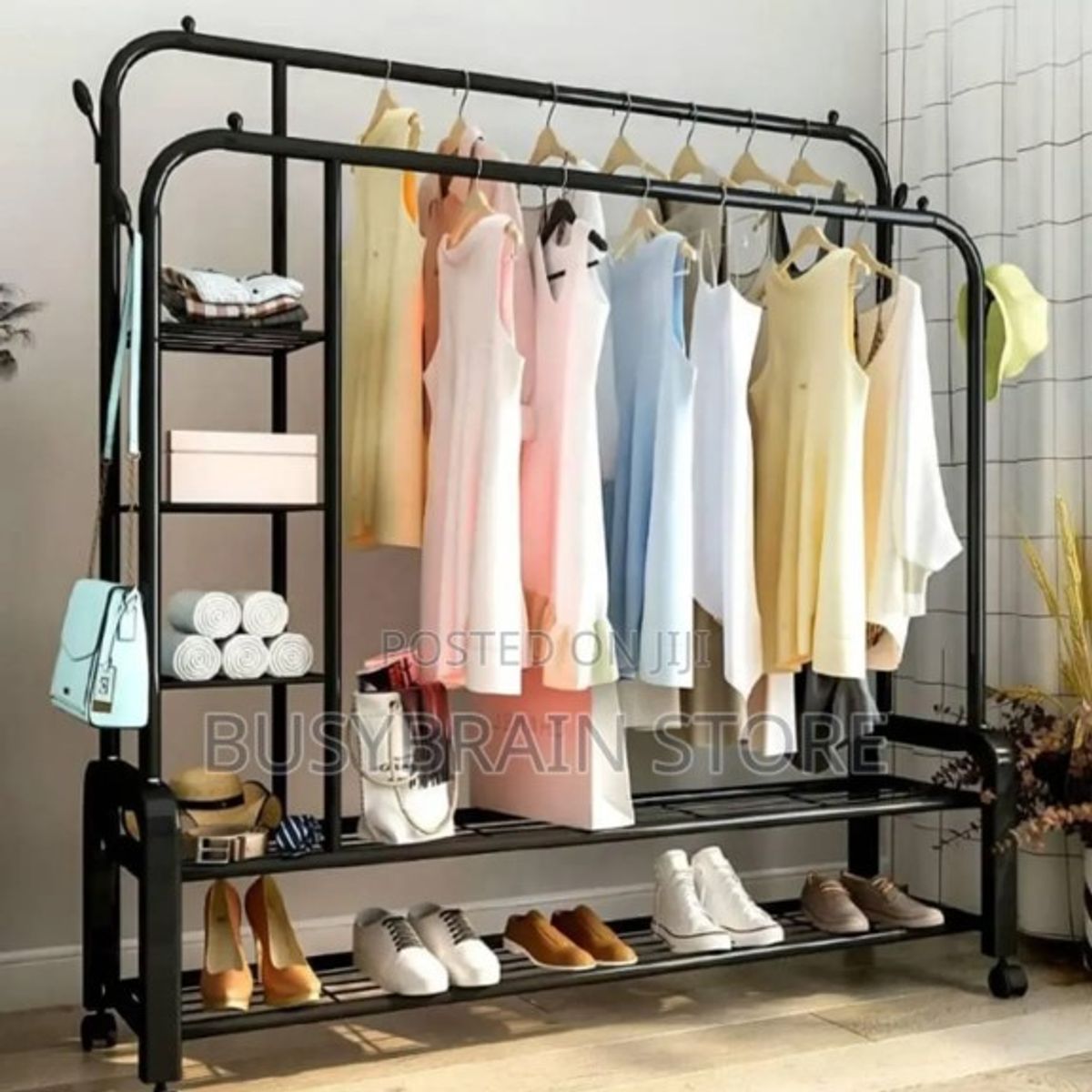 GENERICO - PERCHERO O ORGANIZADOR DOBLE BARRA NEGRO 160 CM ZAPATERA Y ESTANTE WYN