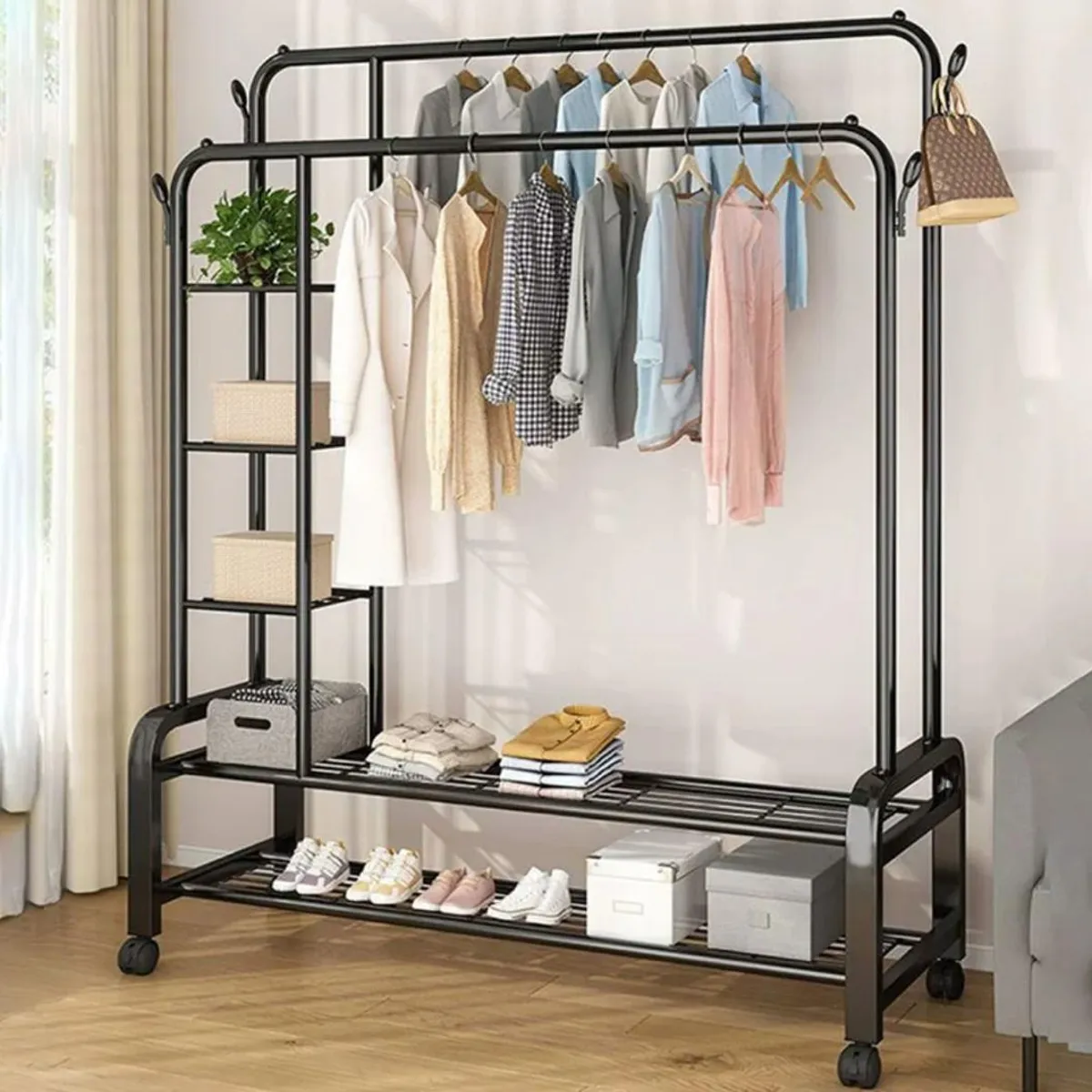 GENERICO - PERCHERO O ORGANIZADOR DOBLE BARRA NEGRO 160 CM ZAPATERA Y ESTANTE WYN