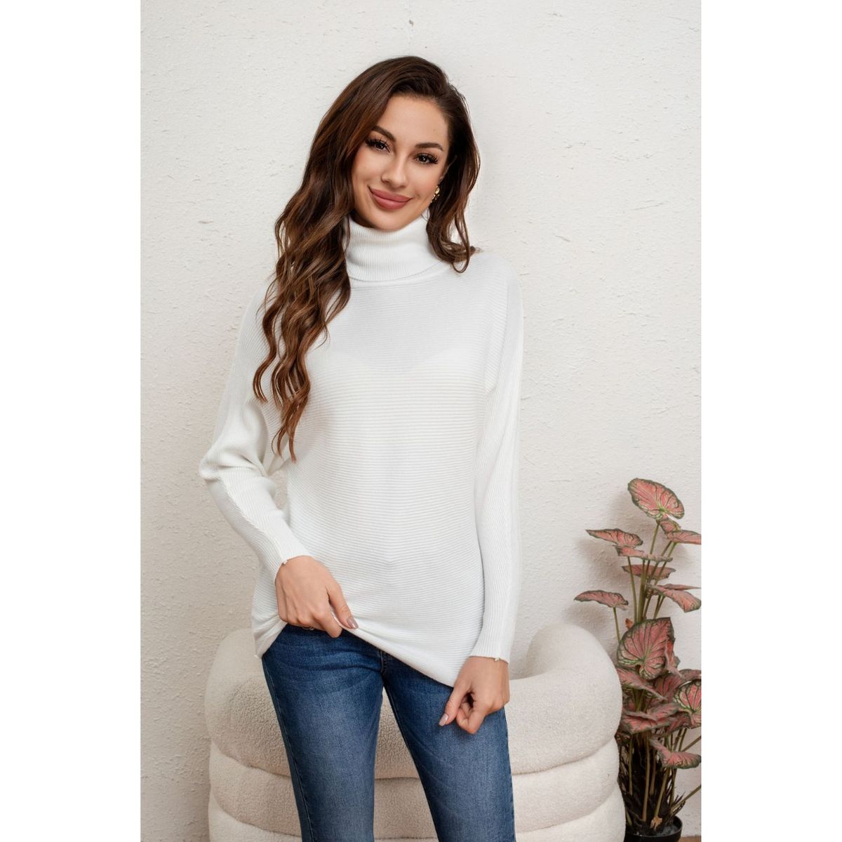 LIKE SHOP - Sweater Mujer Cuello Alto Manga Larga Murciélago Tejido 5063