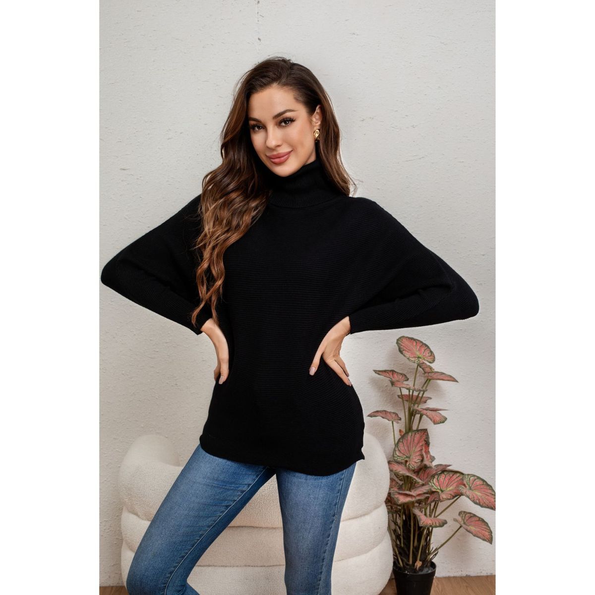 LIKE SHOP - Sweater Mujer Cuello Alto Manga Larga Murciélago Tejido 5063