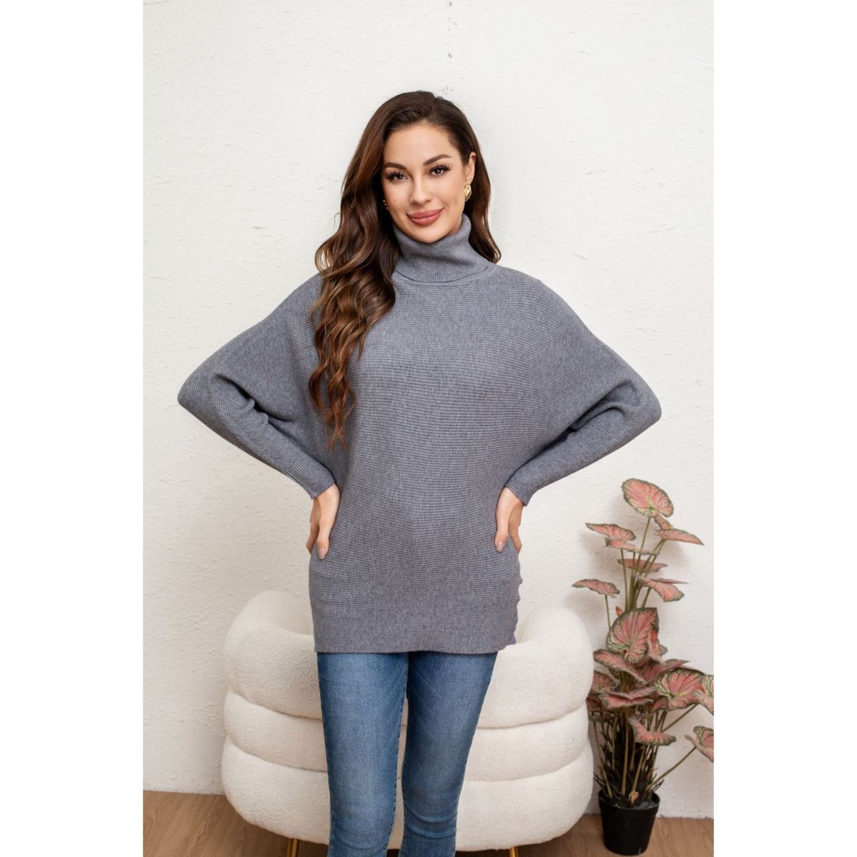 LIKE SHOP - Sweater Mujer Cuello Alto Manga Larga Murciélago Tejido 5063