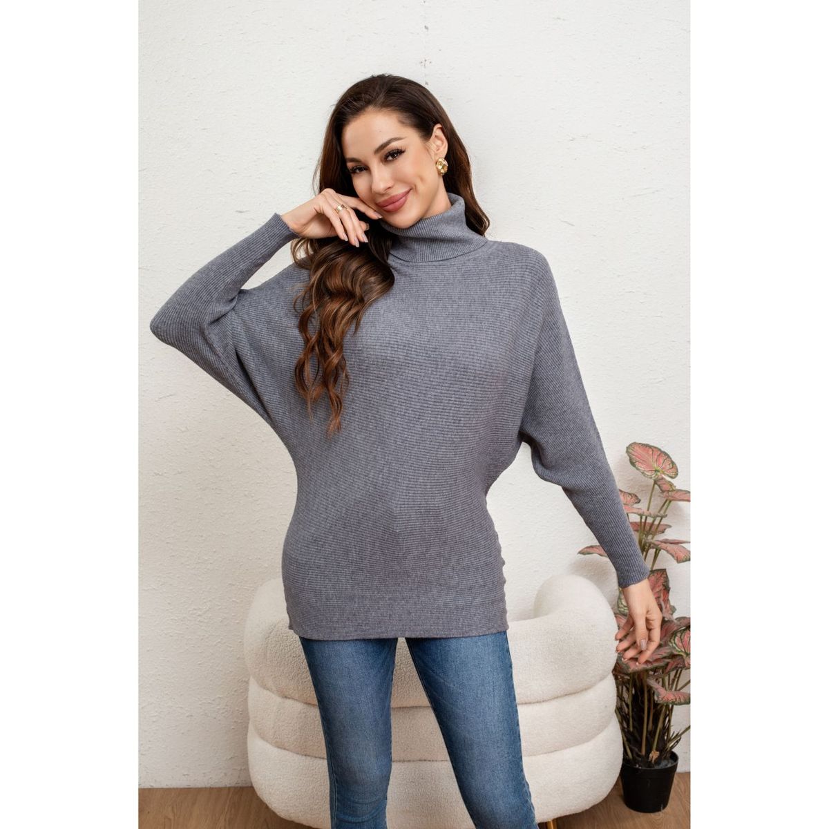 LIKE SHOP - Sweater Mujer Cuello Alto Manga Larga Murciélago Tejido 5063