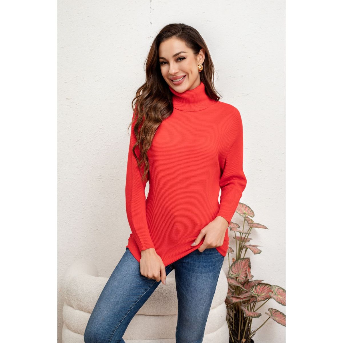 LIKE SHOP - Sweater Mujer Cuello Alto Manga Larga Murciélago Tejido 5063