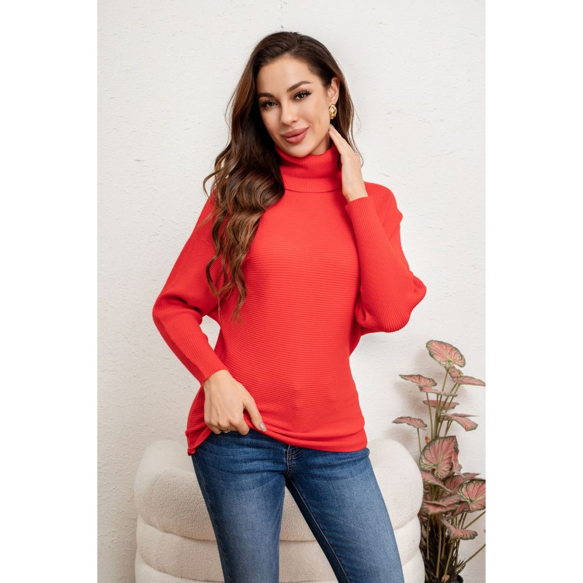 LIKE SHOP - Sweater Mujer Cuello Alto Manga Larga Murciélago Tejido 5063