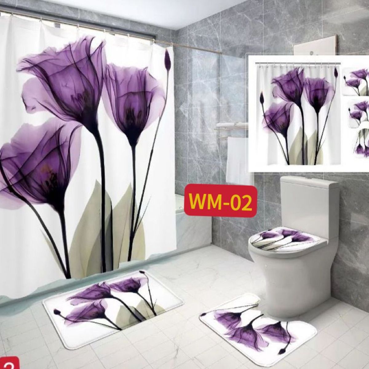 GENERICO - SET DE BAÑO IMPERMEABLE 4 PIEZAS CON DISEÑO FLORES VIOLETA WYN
