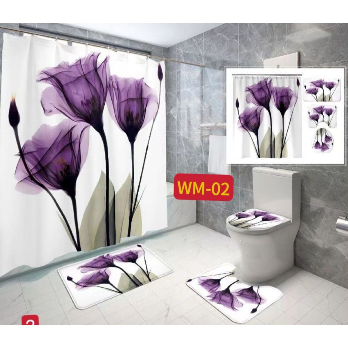 GENERICO - SET DE BAÑO IMPERMEABLE 4 PIEZAS CON DISEÑO FLORES VIOLETA WYN