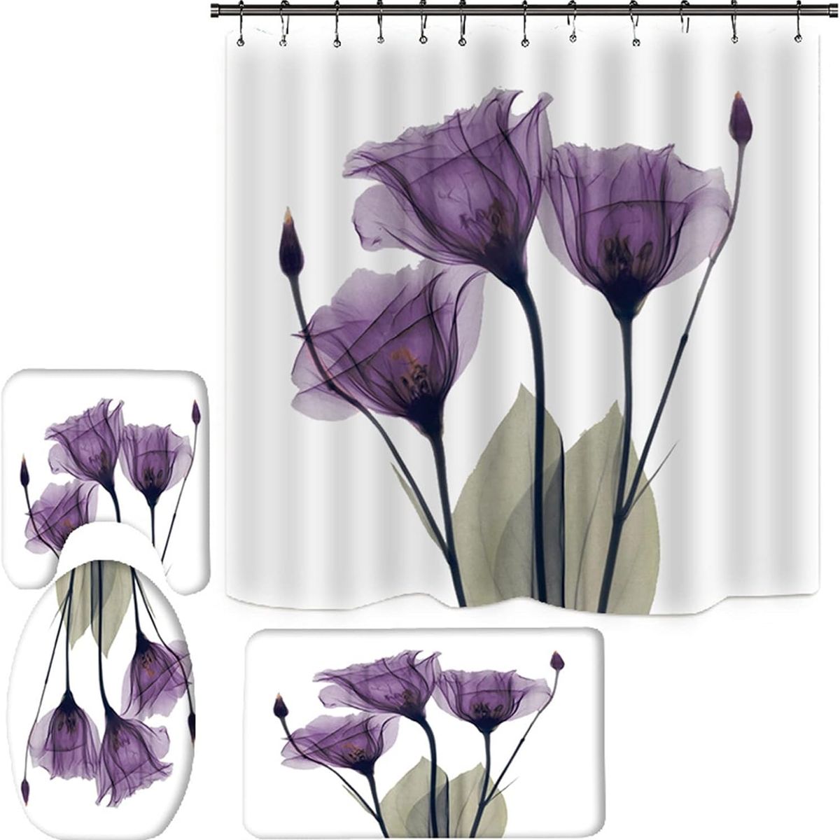 GENERICO - SET DE BAÑO IMPERMEABLE 4 PIEZAS CON DISEÑO FLORES VIOLETA WYN
