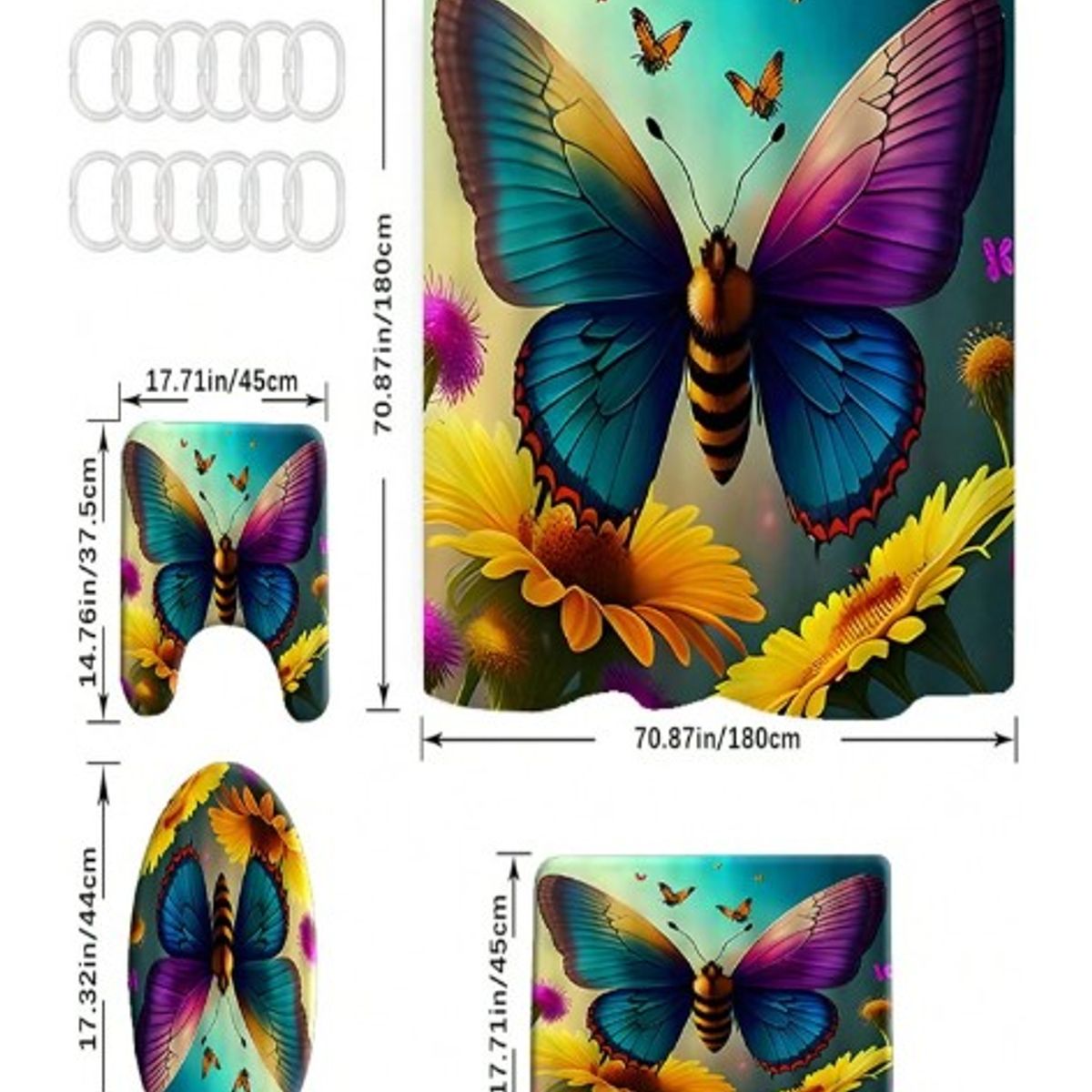 GENERICO - SET DE BAÑO IMPERMEABLE 4 PIEZAS CON DISEÑO MARIPOSA MULTICOLOR WYN