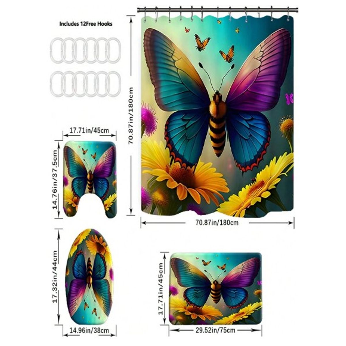 GENERICO - SET DE BAÑO IMPERMEABLE 4 PIEZAS CON DISEÑO MARIPOSA MULTICOLOR WYN