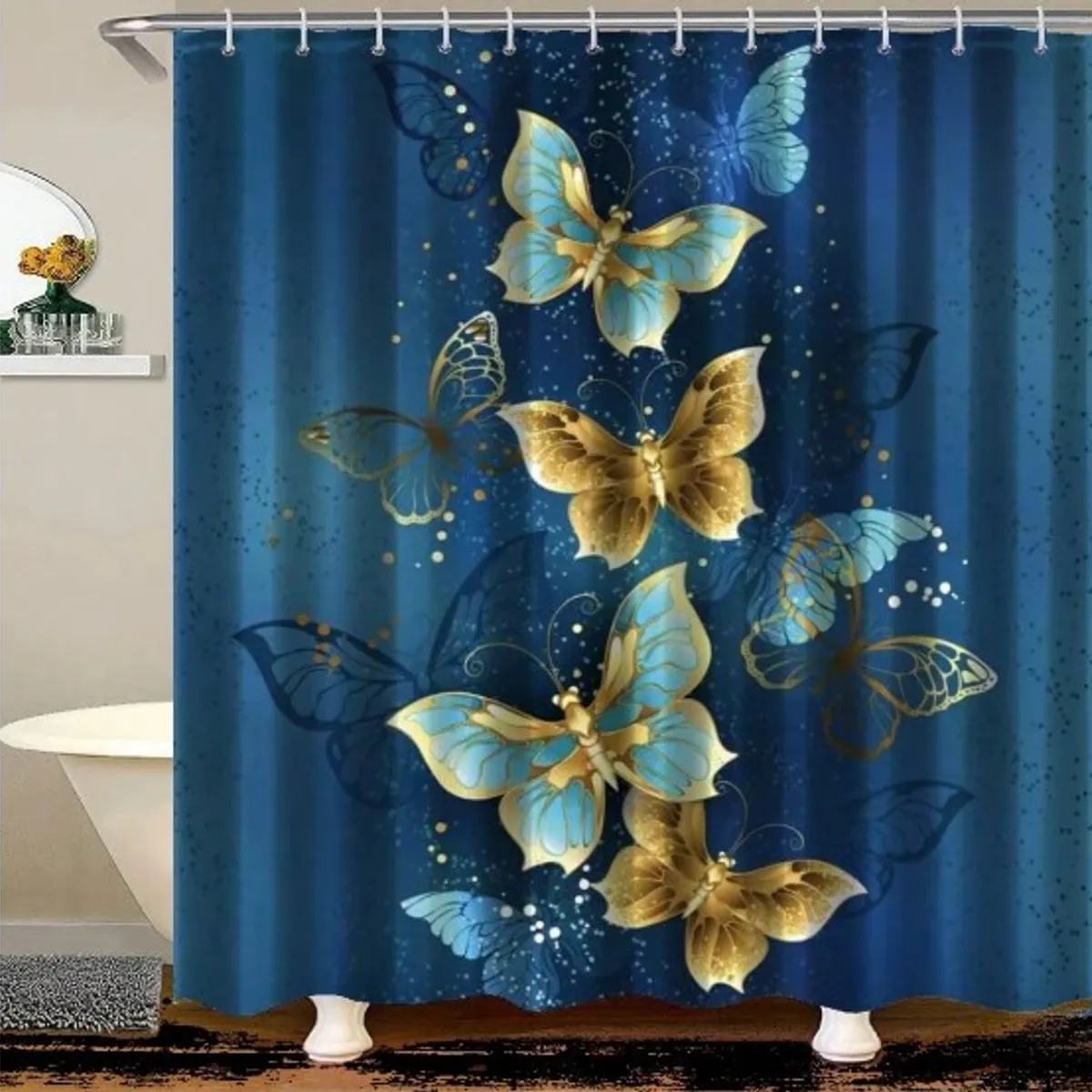 GENERICO - SET DE BAÑO IMPERMEABLE 4 PIEZAS CON DISEÑO AZUL MARIPOSAS WYN