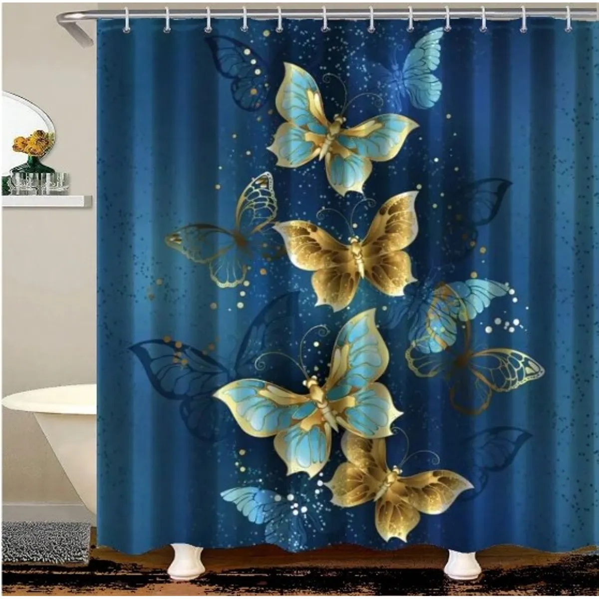 GENERICO - SET DE BAÑO IMPERMEABLE 4 PIEZAS CON DISEÑO AZUL MARIPOSAS WYN