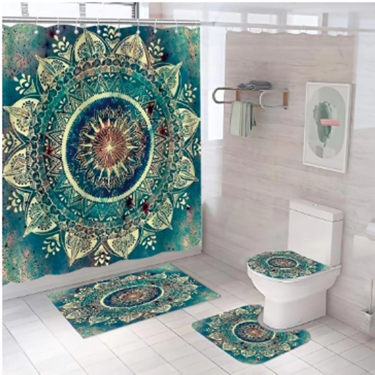 GENERICO - SET DE BAÑO IMPERMEABLE 4 PIEZAS CON DISEÑO MANDADA VERDE WYN