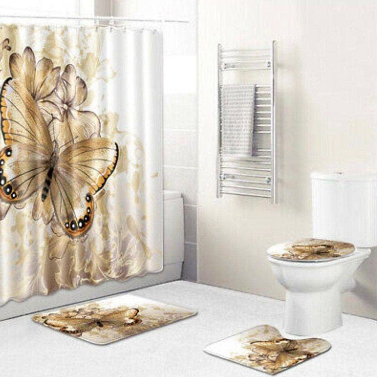 GENERICO - SET DE BAÑO IMPERMEABLE 4 PIEZAS CON DISEÑO MARIPOSA DORADA WYN