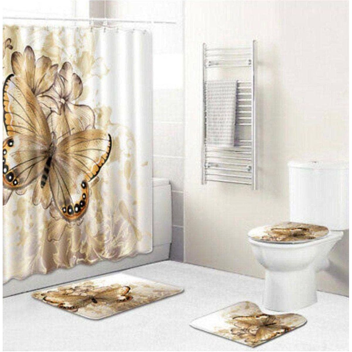 GENERICO - SET DE BAÑO IMPERMEABLE 4 PIEZAS CON DISEÑO MARIPOSA DORADA WYN
