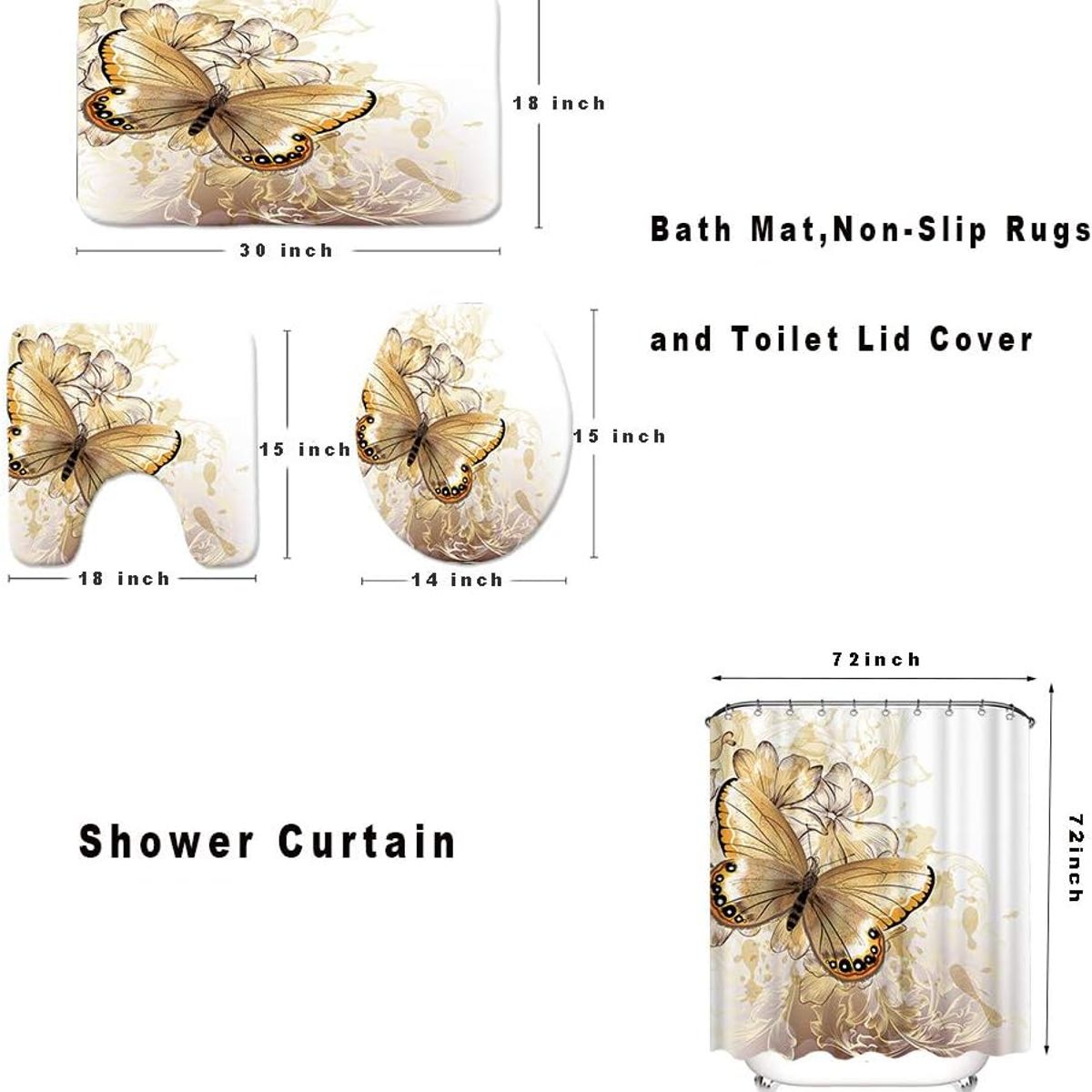 GENERICO - SET DE BAÑO IMPERMEABLE 4 PIEZAS CON DISEÑO MARIPOSA DORADA WYN