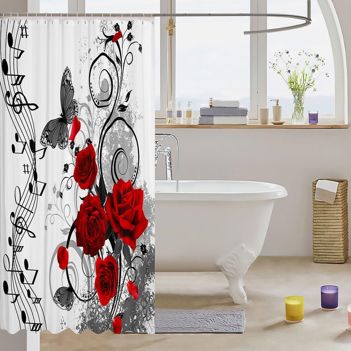 GENERICO - SET DE BAÑO IMPERMEABLE 4 PIEZAS CON DISEÑO ROSAS ROJAS WYN