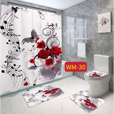 Imagen 2 del producto SET DE BAÑO IMPERMEABLE 4 PIEZAS CON DISEÑO ROSAS ROJAS WYN