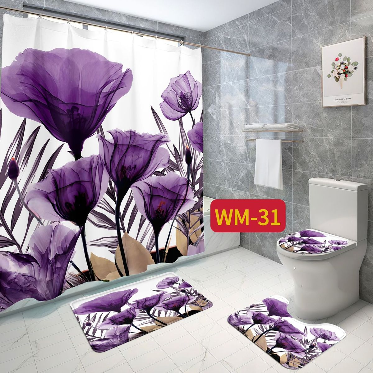GENERICO - SET DE BAÑO IMPERMEABLE 4 PIEZAS CON DISEÑO VIOLETA FLORES WYN